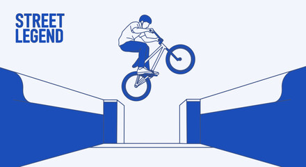 Naklejka premium Dynamic Freestyle Bmx Rider Soaring Through The Air With Bold Graphic Elements And Text