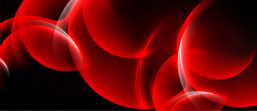 Abstract red design features overlapping circles, curves, glowing lines against black background. Modern, dynamic composition.