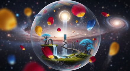 Fantasy sphere floating in space featuring a surreal landscape and glowing light