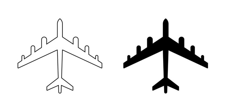 Minimal B52 bomber aircraft top view icon in outline and solid styles. Military airplane silhouette isolated, perfect for aviation, defense, war, air force, and strategy design.