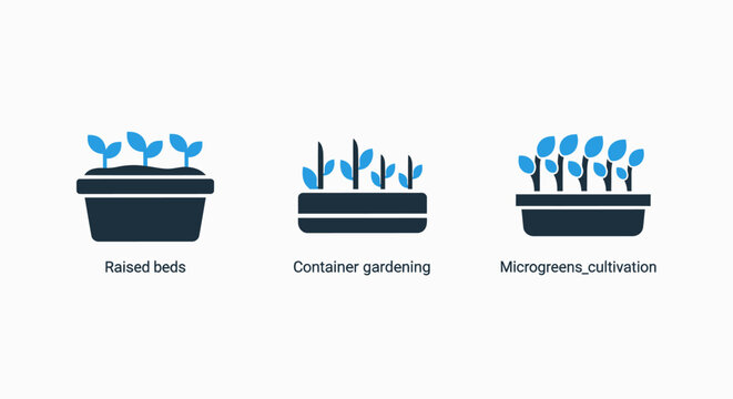 Gardening and agriculture icons displaying raised beds, container gardening, and microgreen cultivation