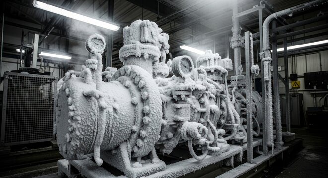 Industrial machinery covered in frost indoor setting energy production concept