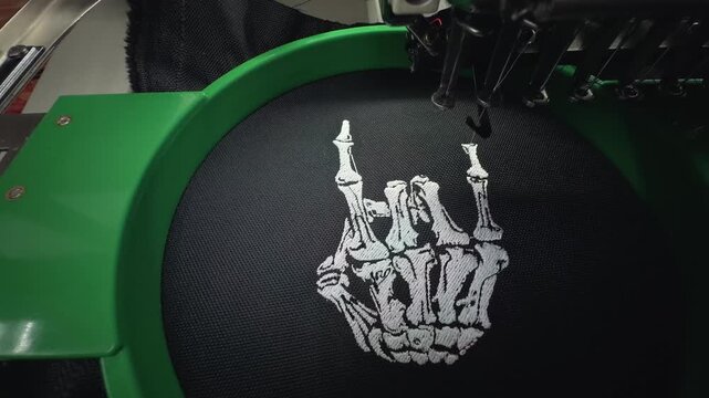 Automated Commercial Embroidery Machine Stitching White Skeleton Hand Rock Gesture on Black Textile for Streetwear Brand Production Handheld Slow Motion Macro Detail Scene