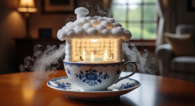 Miniature house on teacup conceptual still life with smoke and interior glow