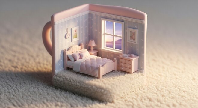 Miniature bedroom inside cup creative concept morning light cozy interior