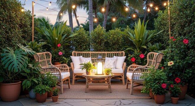 Outdoor lounge area with wicker furniture and string lights at twilight