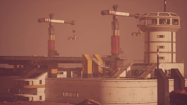 Construction continues on a Mars colony featuring futuristic structures, cranes, and landing pads. The dusty Martian landscape provides an otherworldly backdrop for human habitation efforts.