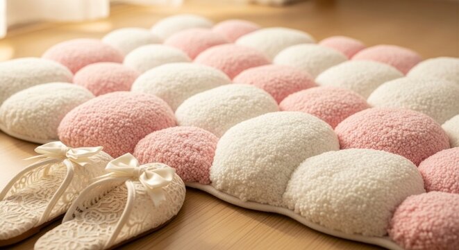 Soft pink and white rug with matching slippers textured surface detail
