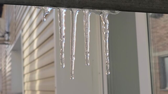 Icicles on roof, sound of dripping water and chirping of sparrows. Spring concept. Dangerous
