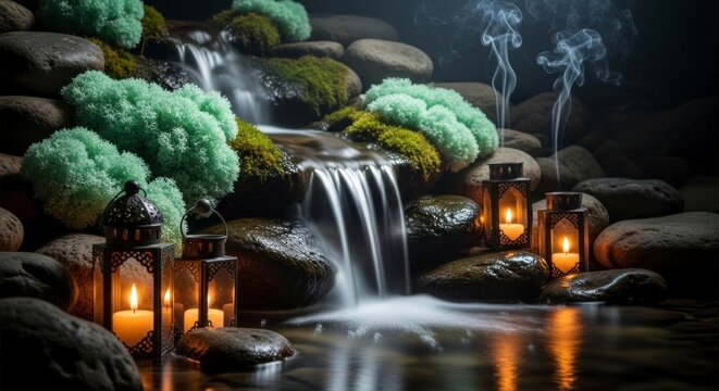 Tranquil waterfall scene with candles and smoke in a serene environment