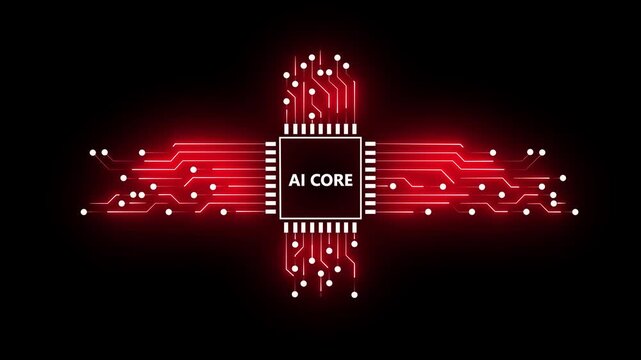 Futuristic artificial intelligence microchip with glowing neon circuit connections on a dark background. Represents AI technology, data processing, machine learning, digital networks, and advanced com