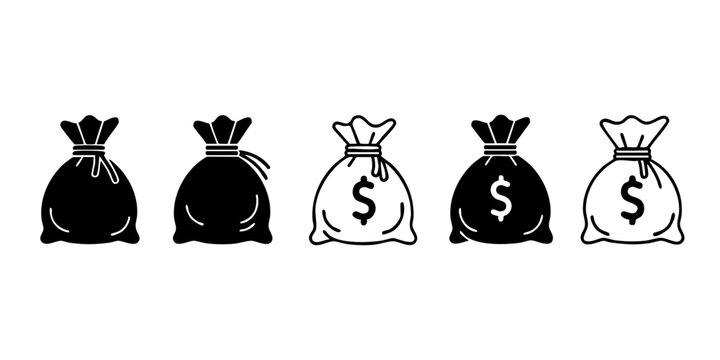 Five money bags with dollar signs are arranged in a row on a plain surface