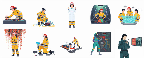 Fototapeta premium Pixelated Diverse People Working in Science, Engineering and Security Illustration