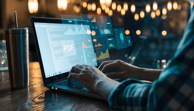 Hands type on laptop keyboard with glowing PDF document and chart overlays