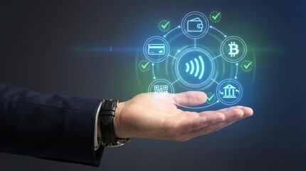 Fototapeta premium Business professional holding glowing digital network sphere with finance and technology icons