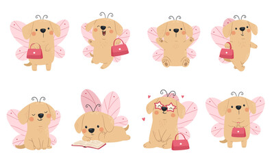Fototapeta premium A collection of flat vector illustrations in a simple, child-friendly style. A cute dog with butterfly wings and a pink handbag in various poses, wearing star-shaped glasses. . Vector illustration
