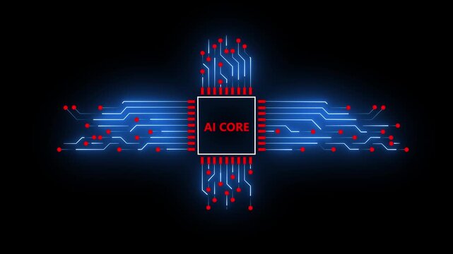 Futuristic artificial intelligence microchip with glowing neon circuit connections on a dark background. Represents AI technology, data processing, machine learning, digital networks, and advanced com