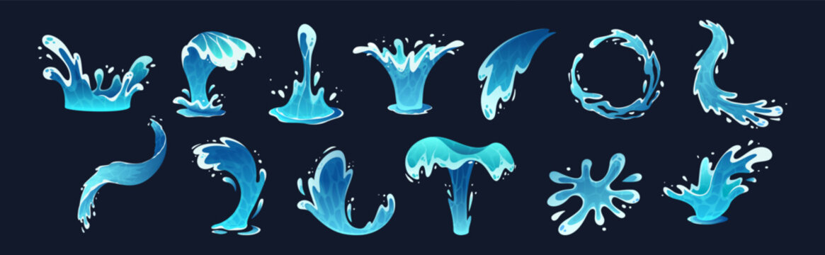 Water splashes. Cartoon blue water splash and sea waves with drops, ocean swirls, tidal flows with foam and ripple. Isolated vector marine set