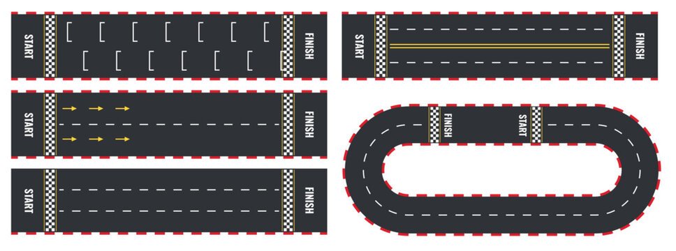 Auto rally road. Straight and ring circuit top view asphalt racetrack with start and finish line competition motor sport vector isolated speedway set for racing car game