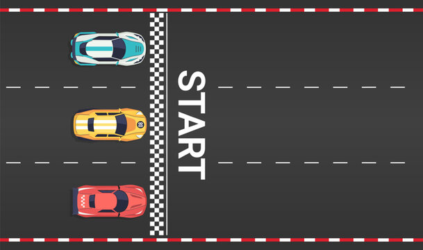 Sport racing cars on start top view. Modern racing vehicles and racetrack for bolide speed competition game. Vector cartoon illustration
