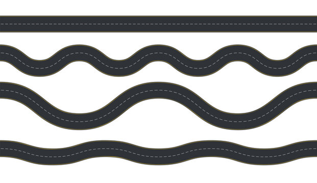 Roads top view of wavy and straight seamless. Direct and winding road with dashed center lines isolated. Race curves and two lane asphalt highways. Vector route set