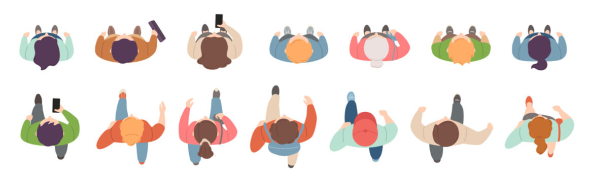 People top view. Man and woman walking and standing from above. Male and female cartoon characters for city life overhead scene. Aerial view human group. Vector isolated set