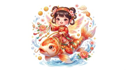 Fototapeta premium Enchanting Fairy Riding Colorful Fish in a Magical Fantasy Scene