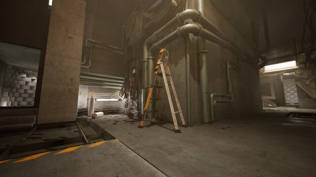 A dimly lit industrial space features exposed pipes, a construction ladder leaning against the wall, and debris scattered on the floor, creating an abandoned atmosphere.