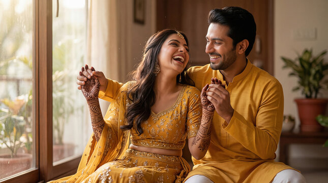 A joyful Indian couple sharing laughter and affection in traditional attire, capturing a romantic and festive pre-wedding moment