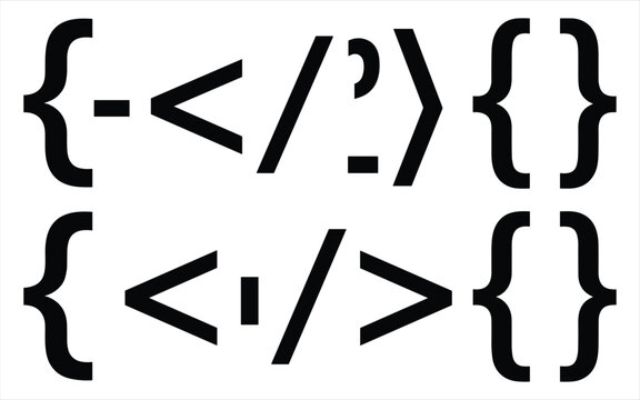 Black programming syntax symbols and brackets on white background