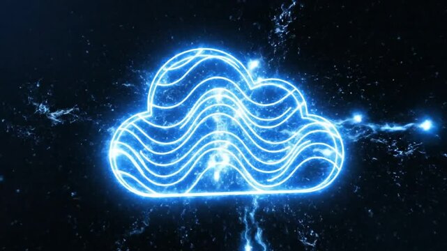 Abstract Glowing Cloud of Data with Electric Lines and Cosmic Particles on a Dark Background