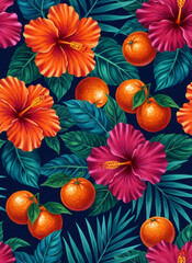 Fototapeta premium Seamless pattern with tropical hibiscus flower and orange fruit. Exotic botanical background with summer plant and citrus. Vibrant floral design for greeting card or wrapping paper.