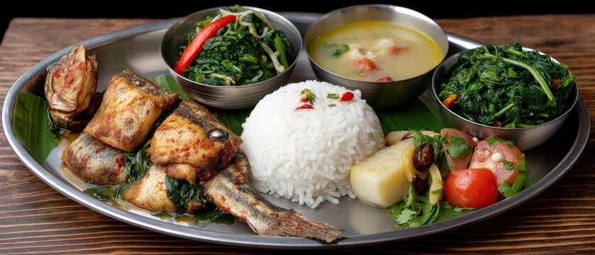 Food consisting of rice, milk, and nuts arranged on a metal plate in a quiet setting near a temple
