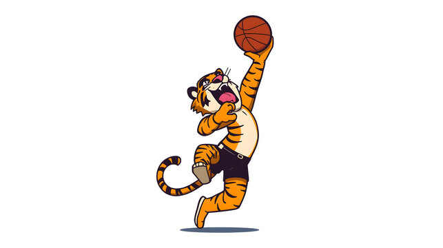 Tigger playing basketball, cartoon tiger in black shorts