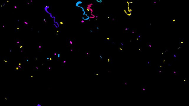 Colorful Confetti and Serpentine Streamers Burst Animation, Upward and Toward Camera Two Motion Variations, Wide Background Overlay, Alpha Channel
