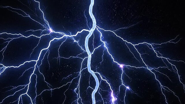 Hyper-Realistic cinematic blue lightning bolt striking with intense electrical energy and thunderous Power against a pitch black surface