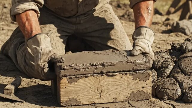 Craftsman using trowel to shape and remove mud brick from wooden mold, natural building concept