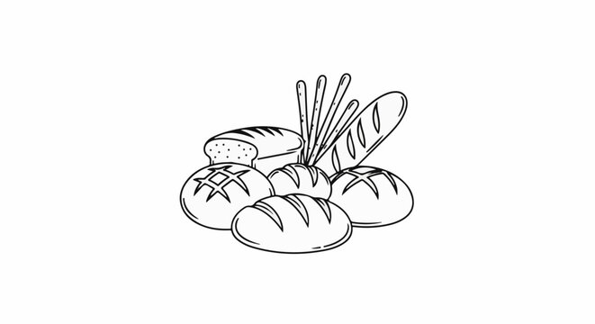 A collection of various types of bread and breadsticks in a rough sketch