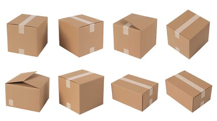 Fototapeta premium A collection of cardboard boxes in various orientations on a white background