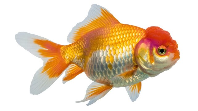 A vibrant orange and white goldfish swimming in water with a white background