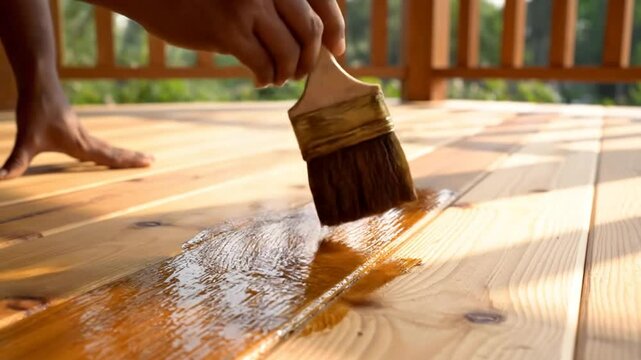 Applying wood stain with a brush on a wooden deck floor, close-up with focus on texture and detail