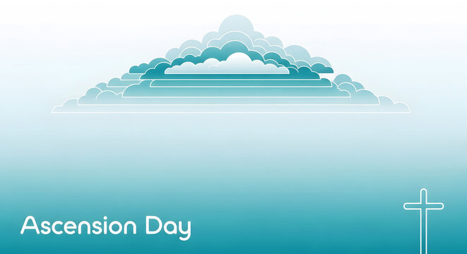 Ascension Day text with stylized clouds and cross against blue gradient sky image