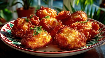 Fototapeta premium Crispy Golden Fried Snacks Served on Decorative Plate with Fresh Green Herbs and Sunlit Background in a Cozy Kitchen Setting