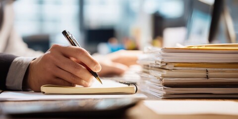 Fototapeta premium The Hand Writing Notes Beside A Stack Of Business Documents On Desk