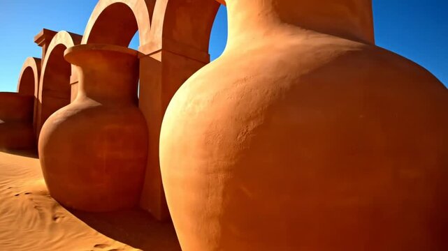 Giant terracotta amphora art installation standing in the desert against a bright blue sky on a sunny day
