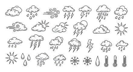 Fototapeta premium Hand-drawn outline weather icons collection showing various atmospheric conditions like sun, clouds, rain, snow, wind, and lightning for forecasting and climate