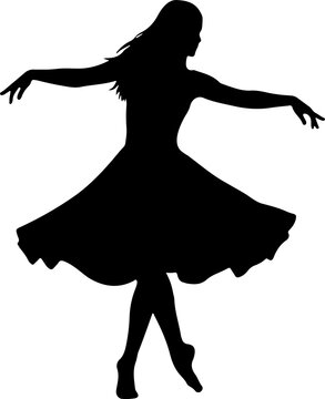 Elegant Female Dancer Silhouette in Motion &ndash; Graceful Ballet Dance Pose Black Vector Isolated on White Background