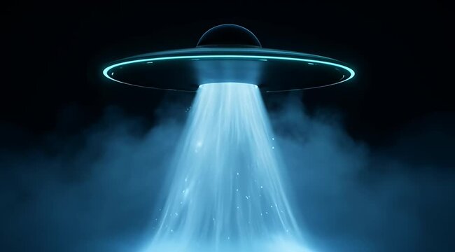 Futuristic UFO spacecraft hovering in dark night sky, glowing blue light beam from alien saucer, mysterious extraterrestrial ship in foggy atmosphere