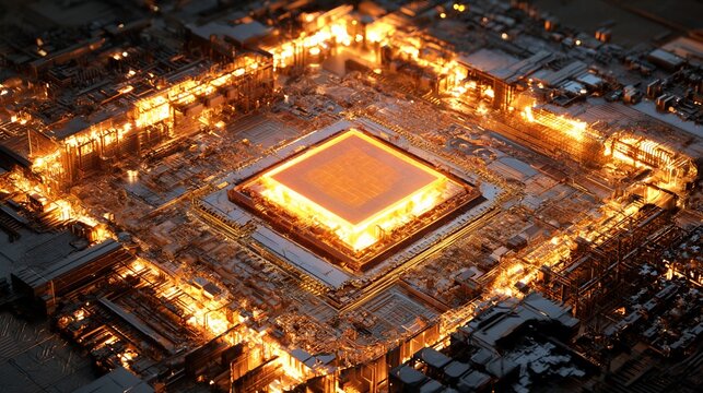 Glowing microprocessor on a circuit board with no people