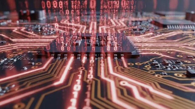 Digital data stream visualized as binary code flowing through a computer motherboard circuit board
